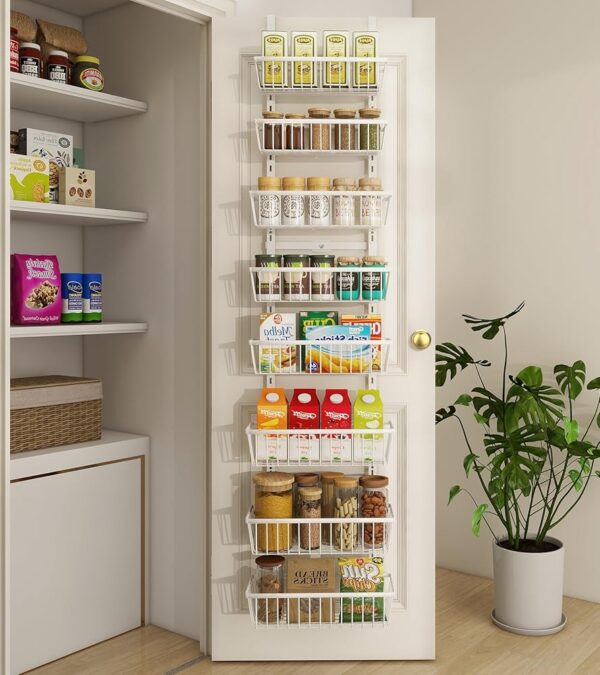 13.8" W Narrow Over The Door Pantry Organizer, Pantry Organization and Storage, 8-Tier Metal Hanging Deep Basket Wall Spice Rack Seasoning Shelves, Home & Kitchen Essentials, White