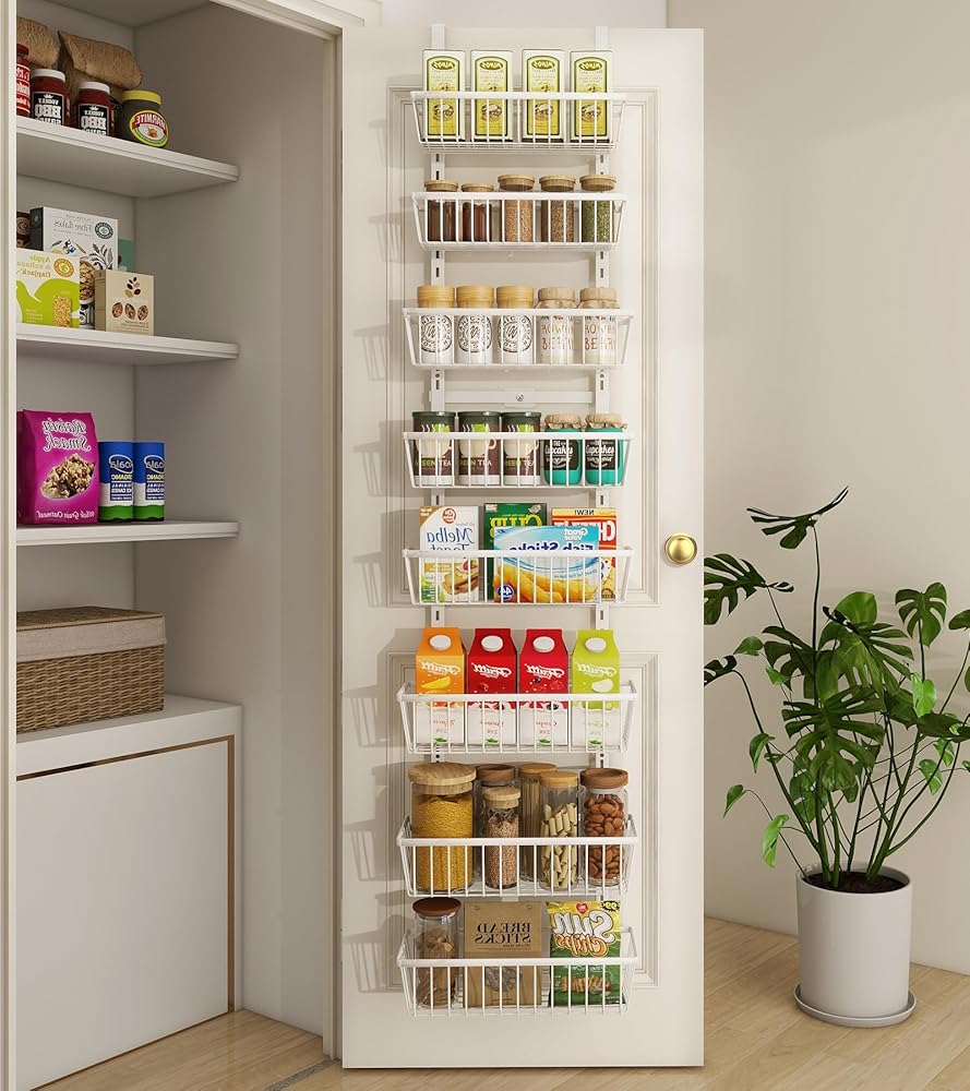 13.8" W Narrow Over The Door Pantry Organizer, Pantry Organization and Storage, 8-Tier Metal Hanging Deep Basket Wall Spice Rack Seasoning Shelves, Home & Kitchen Essentials, White