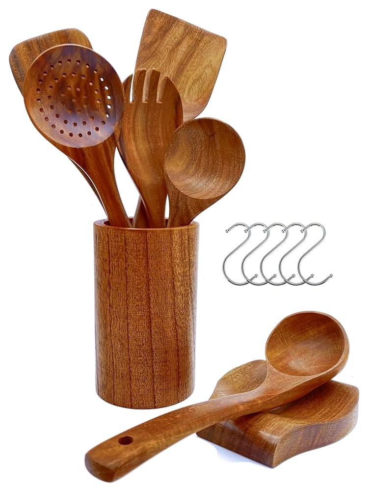 13pcs Nonstick TEAK WOOD Kitchen Utensils Set with Holder, Hangers and Wooden Spoons For Cooking With Spoon Rest, Natural and BPA Free - Kitchen and Apartment Essentials