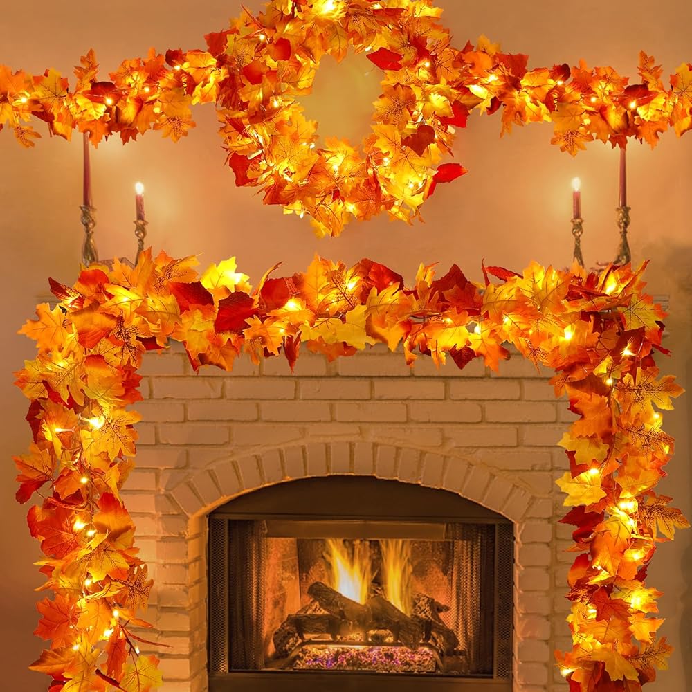 2 Pack Fall Decor for Home Thanksgiving Decorations Lighted Fall Garland Maple Leaves Total 11.8FT 40 LED Battery Operated Indoor Outdoor String Lights Garland Autumn Harvest...