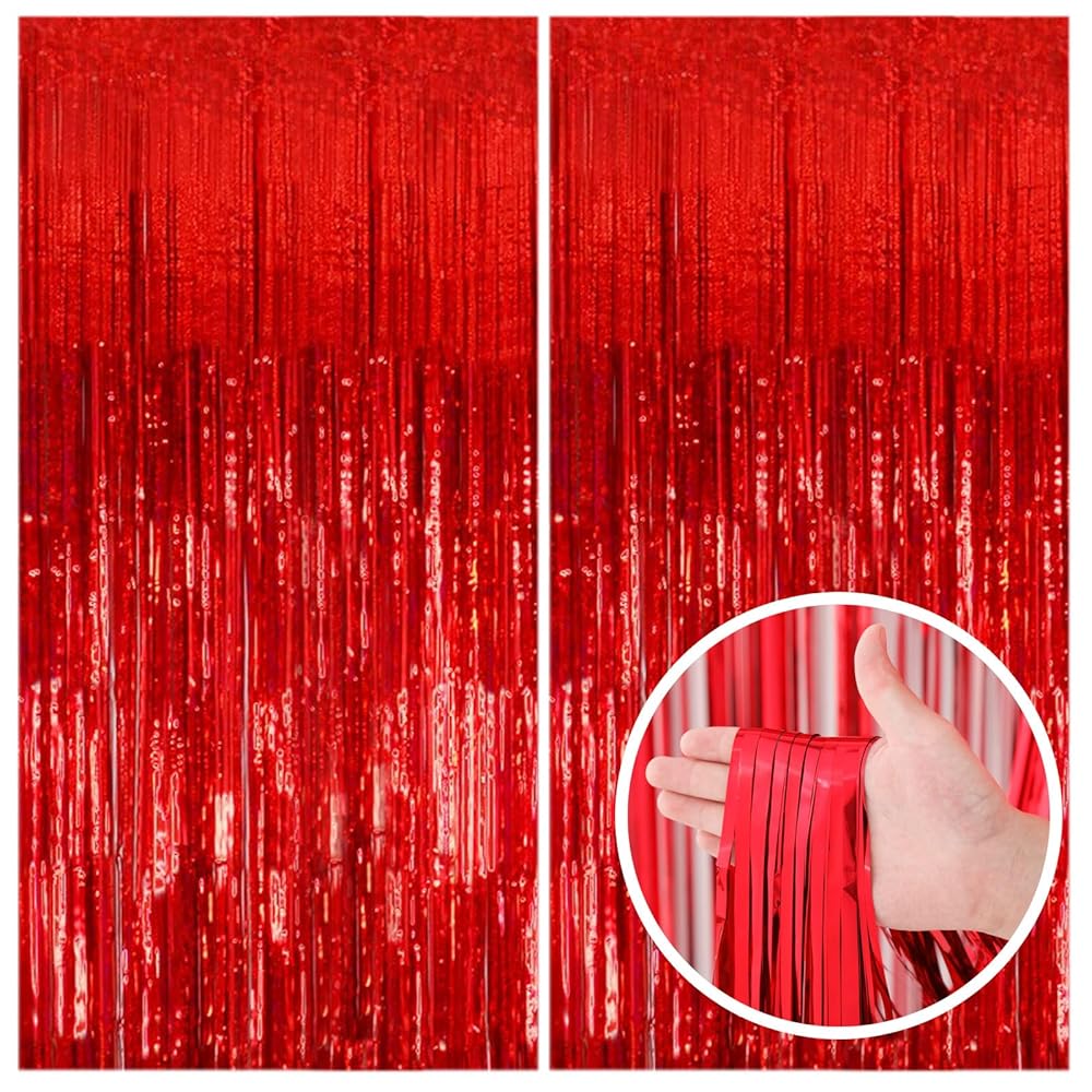 2 Pack Red Streamers Party Backdrop Christmas Decorations Foil Fringe Backdrop Curtains Carnival Casino Theme Birthday New Year Holiday Celebration Bachelorette Party...