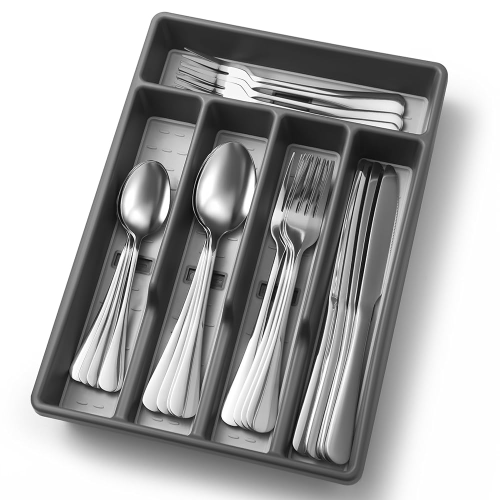 20-Piece Silverware Set with Organizer，Heavy Duty Stainless Steel Flatware Cutlery Tableware Set for 4，Includes 5-Compartment Silverware Tray with Cutlery Icons，First Apartment...