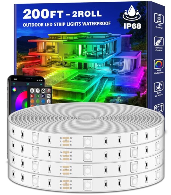 200ft Outdoor LED Strip Lights Waterproof 1 Roll,IP68 Outside Led Light Strips with App and Remote,Music Sync RGB Exterior Rope Self Adhesive Back for Deck,Balcony,Pool