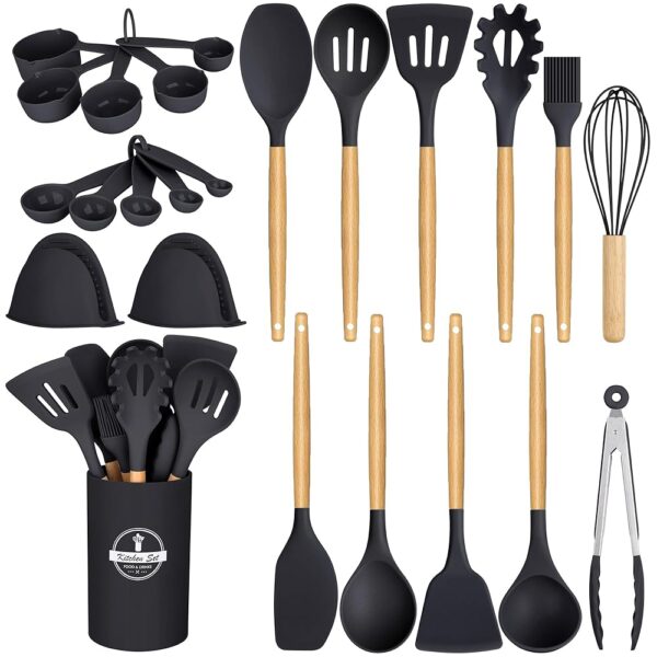 24 Pcs Kitchen Cooking Utensils Set,446°F Heat Resistant Non-Stick Silicone Kitchen Utensil Set With Wooden Handles and Holder,Kitchen Gadgets for Cookware,Kitchen...