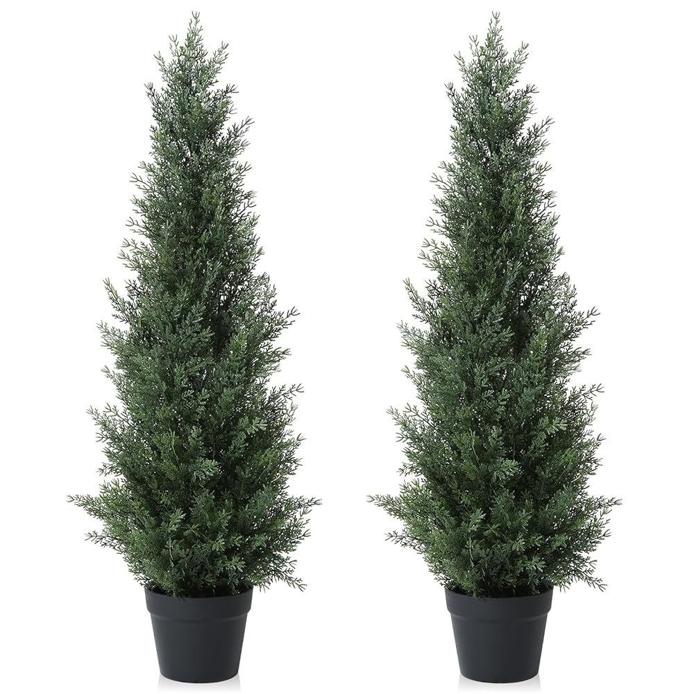 3FT Artificial Cedar Topiary Trees for Outdoors Potted Fake Cypress Trees Faux Evergreen Plants for Home Porch Decor Set of 2