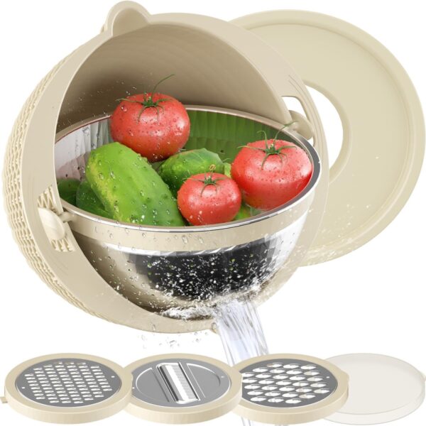 4-1 Colander with Bowl Set - Rotatable Strainers for Kitchen, Food Strainers and Colanders, Pasta Strainer, Rice Strainer, Fruit Cleaner, Veggie Wash, Kitchen Gadget Essentials...