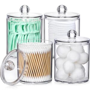 4 Pack Acrylic Qtip Holder Dispenser for Cotton Swabs, Balls, Pads, Floss Picks- Small Clear Plastic Canister Apothecary Jar Set, Bathroom Essentials Accessories Decor, Vanity...