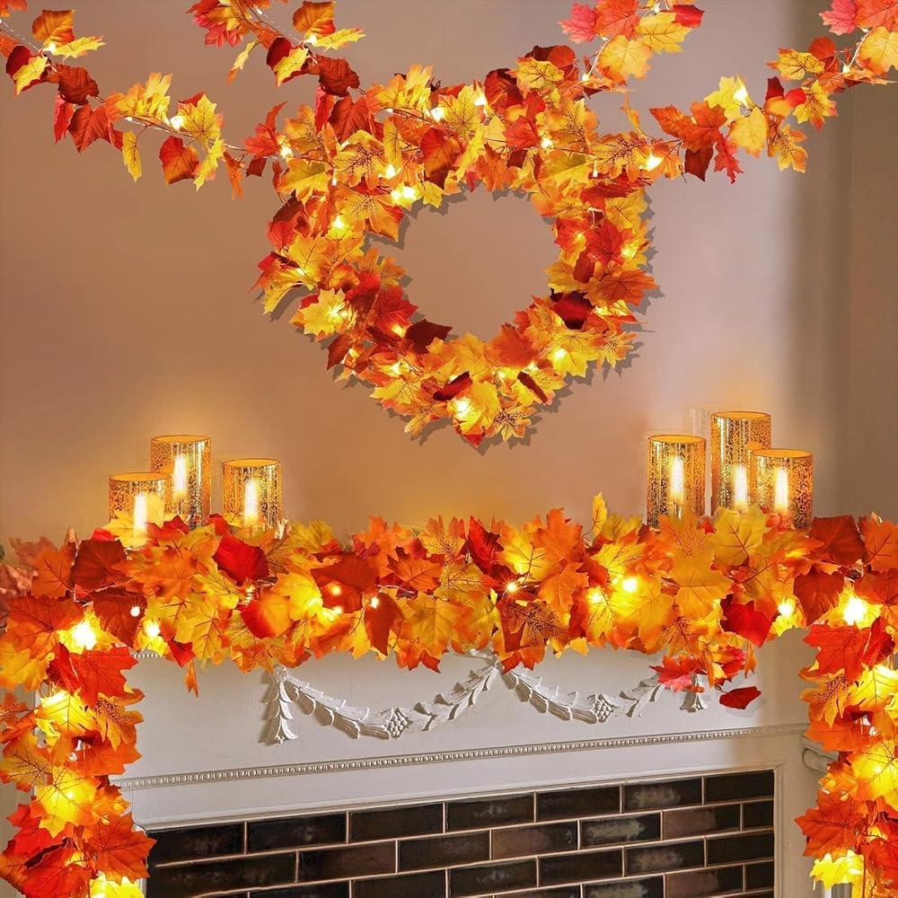 4 Pack Fall Decor Garland - Fall Thanksgiving Decorations for Home - 23.6Ft Maple Leaves Garland with Lights Battery Operated for Mantle Fireplace Table Indoor Outdoor Autumn...