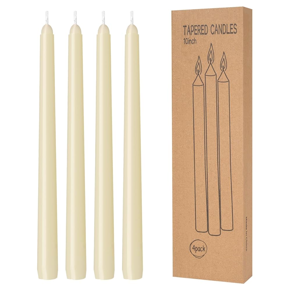 4 Pack Ivory Taper Candles - Taper Candles 10 Inch Dripless, Smokeless & Unscented - 8 Hours Long Burning - Hand Poured Tall Candlesticks - Ideal for Weddings, Dinner Parties,...