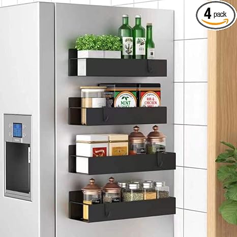 4 Pack Magnetic Spice Storage Rack Organizer for Refrigerator and Oven, Black Fridge Organizers and Storage