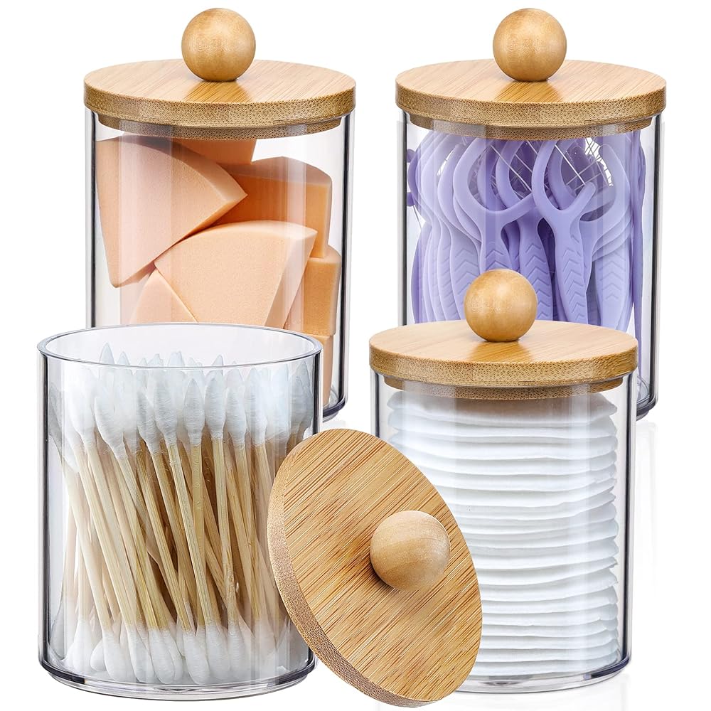 4 Pack Qtip Holder Dispenser with Bamboo Lids - 10 oz Clear Plastic Apothecary Jar Containers for Vanity Makeup Organizer Storage - Bathroom Accessories Set for Cotton Swab,...