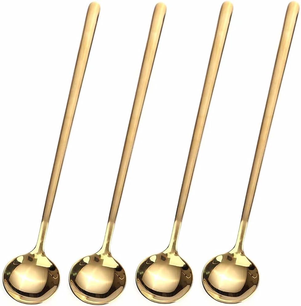 4 PCS 6.7 Inches Coffee Spoons, Stirring Spoons, Tea Spoons Long Handle, Gold Teaspoons, Gold Spoons, Ice Tea Spoons, Long Spoons for Stirring, Gold Espresso Spoons Stainless Steel