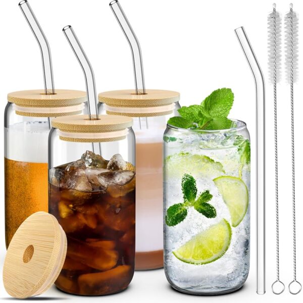 4 Set Glass Cups with Lids and Straws 16 oz, Glasses Drinking Set, Iced Coffee Cup with Bamboo Lids, Drinking Glasses Tumbler with Straw and Lid, Glass Can Coffee Cups, Drinking...