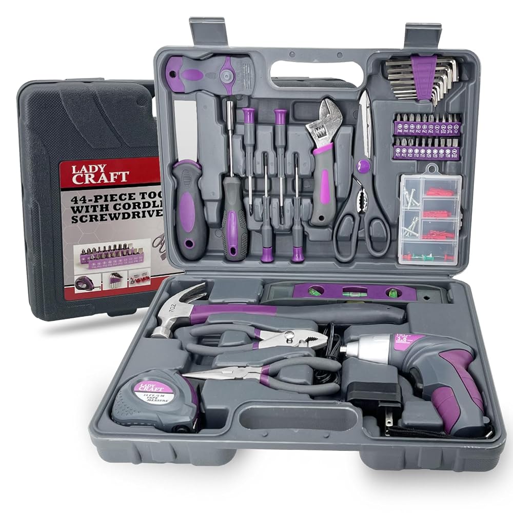 44PCS 4V Cordless Screwdriver Tool Kit Set Pink Color Tools Lady Tools Kit Home Repair Set Toolbox Hand Tool Kit Storage Case Gift Set LADYCRAFT