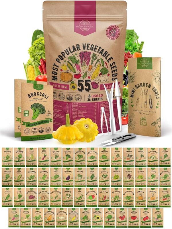 55 Vegetable Seeds Variety Pack - 35,600+ Non-GMO Heirloom Seeds for Planting Vegetables and Fruits in Individual Seed Packets, Home Survival Garden Seeds for Hydroponic, Indoor...