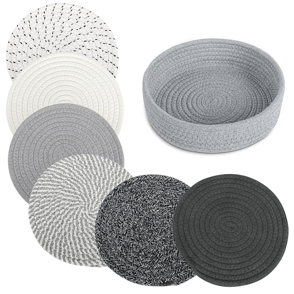 8" Trivets for Hot Dishes, Hot pots and Pans,6 Heat Resistant Hot Pads and Storage Basket 1 Pack,Pot Holders for Kitchen, Hot Plate Mats for Kitchen Countertops, Table, Home...