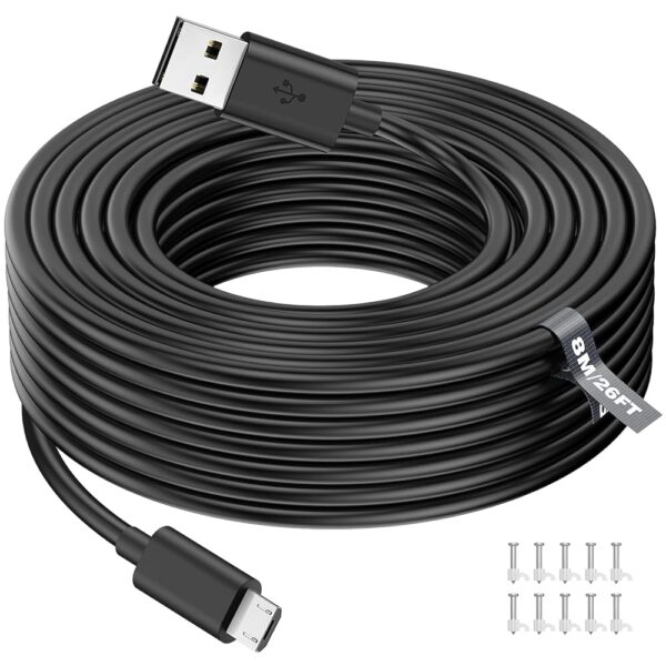 8M/26FT Micro USB Power Extension Cable Compatible with Wyze Cam V3, Wyze Cam Outdoor, Blink Camera, Kasa, Arlo Essential, Eufy, Yi, Nest Cam Indoor, Power Charging Cord for...