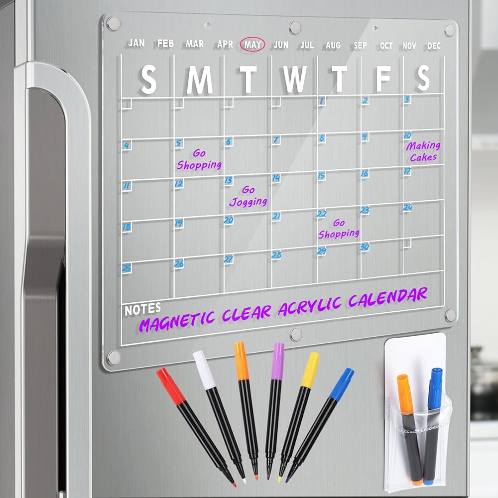 Acrylic Magnetic Dry Erase Board Calendar for Fridge, 16.5"x12" Inch Clear Dry Erase Calendar for Refrigerator, Magnetic Planning Calendar Includes 6 Colors Dry Erase Markers...