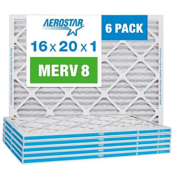 Aerostar 16x20x1 MERV 8 Pleated Air Filter, AC Furnace Air Filter, 6 Pack (Actual size 15 3/4"x 19 3/4" x 3/4")