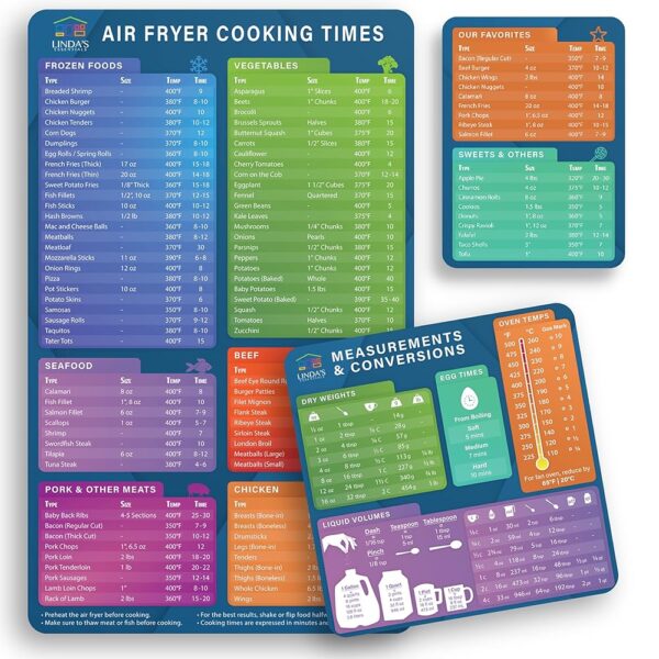 Air Fryer Magnetic Cheat Sheet Set by Linda’s Essentials - Air Fryer Cooking Times Chart Magnet, Quick Reference Guide for Cooking and Frying, Air Fryer Cooking Times Chart &...