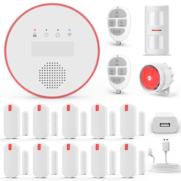 Alarm System for Home Security, Wi-Fi Door Alarms for Safety with APP Alert (2.4GHz and 5GHz WiFi), Wireless 16-Piece kit: HUB, Door Sensors, Anti-pet PIR, Remotes, Work with Alexa