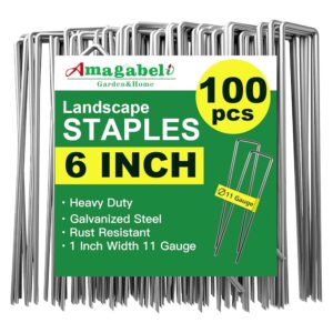 AMAGABELI GARDEN & HOME 6 Inch Galvanized Landscape Staples 100 Pack 11 Gauge Garden Staples Landscaping Stakes Sod Pins Anti-Rust Fence for Weed Barrier Fabric Ground Cover...