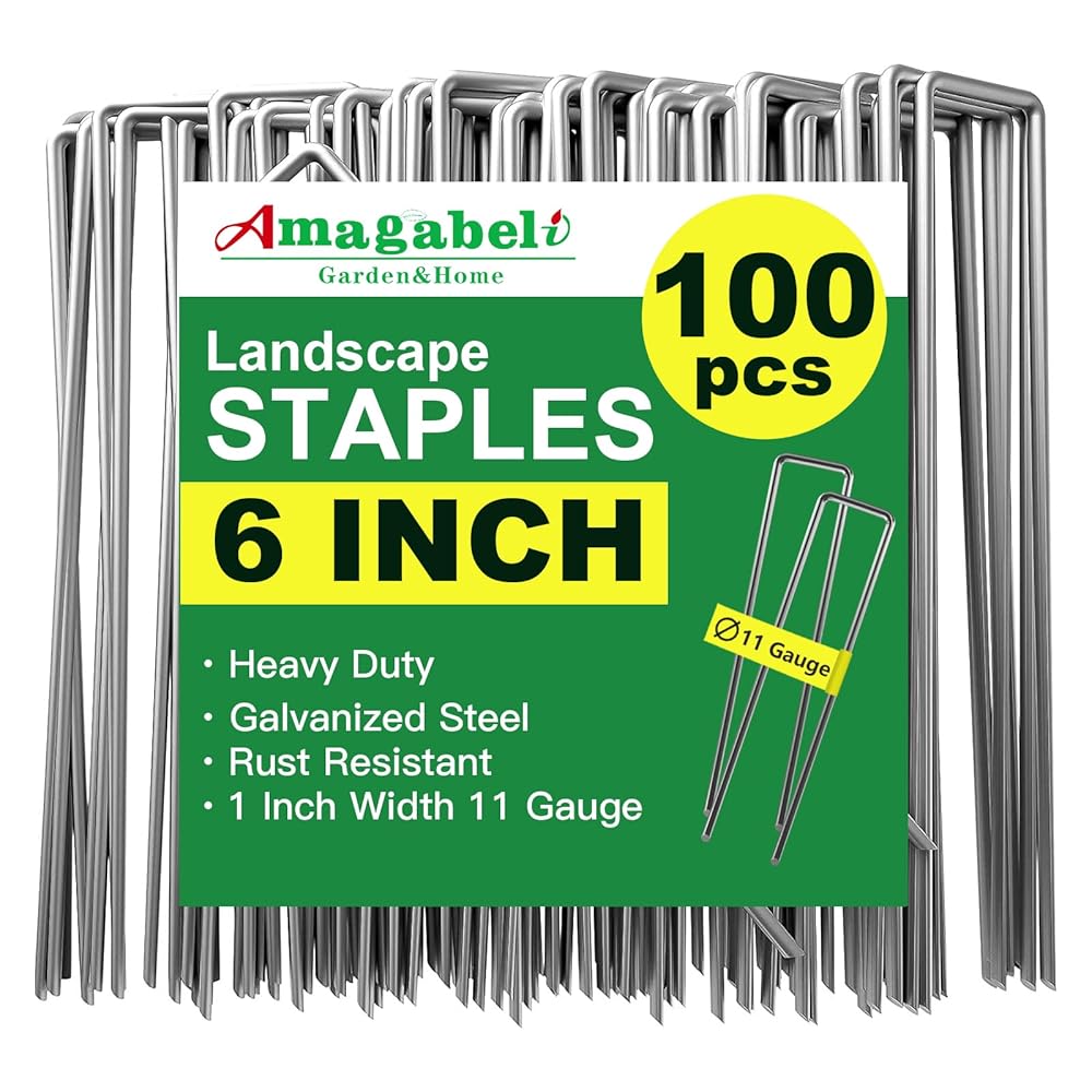 AMAGABELI GARDEN & HOME 6 Inch Galvanized Landscape Staples 100 Pack 11 Gauge Garden Staples Landscaping Stakes Sod Pins Anti-Rust Fence for Weed Barrier Fabric Ground Cover...