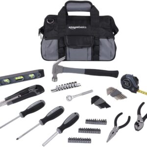 Amazon Basics 65 Piece Home Basic Repair Tool Kit Set With Bag, Silver, Black