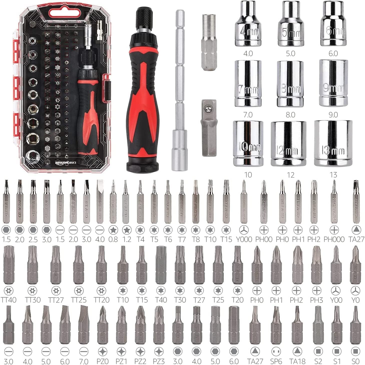 Amazon Basics 73-Piece Magnetic Ratcheting Wrench and Electronics Precision Screwdriver Set, Black/Red/Silver