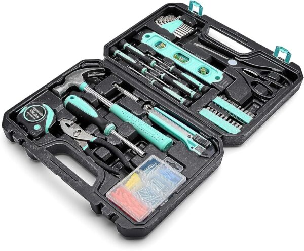 Amazon Basics Household Tool Kit With Storage Case, 142 Piece, Turquoise, 13.39 x 9.25 x 2.95 inch