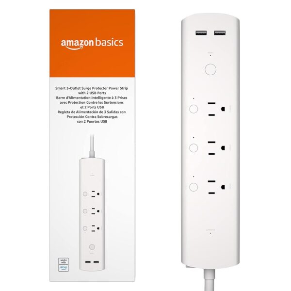 Amazon Basics Rectangular Smart Plug Power Strip with 3 Individually Controlled Outlets and 2 USB-A Ports, Works with Alexa Only, 2.4 GHz Wi-Fi, No Hub Required, White