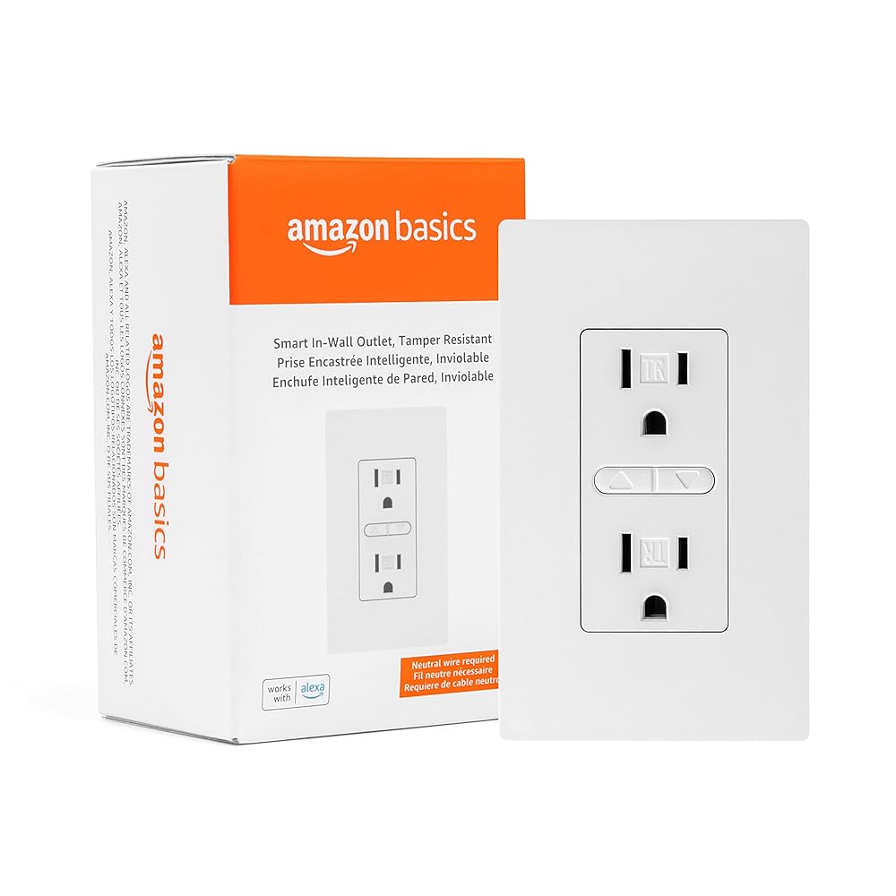 Amazon Basics Smart In-Wall Outlet, Works with Alexa Only, 2.4 GHz Wi-Fi, No Hub Required, White