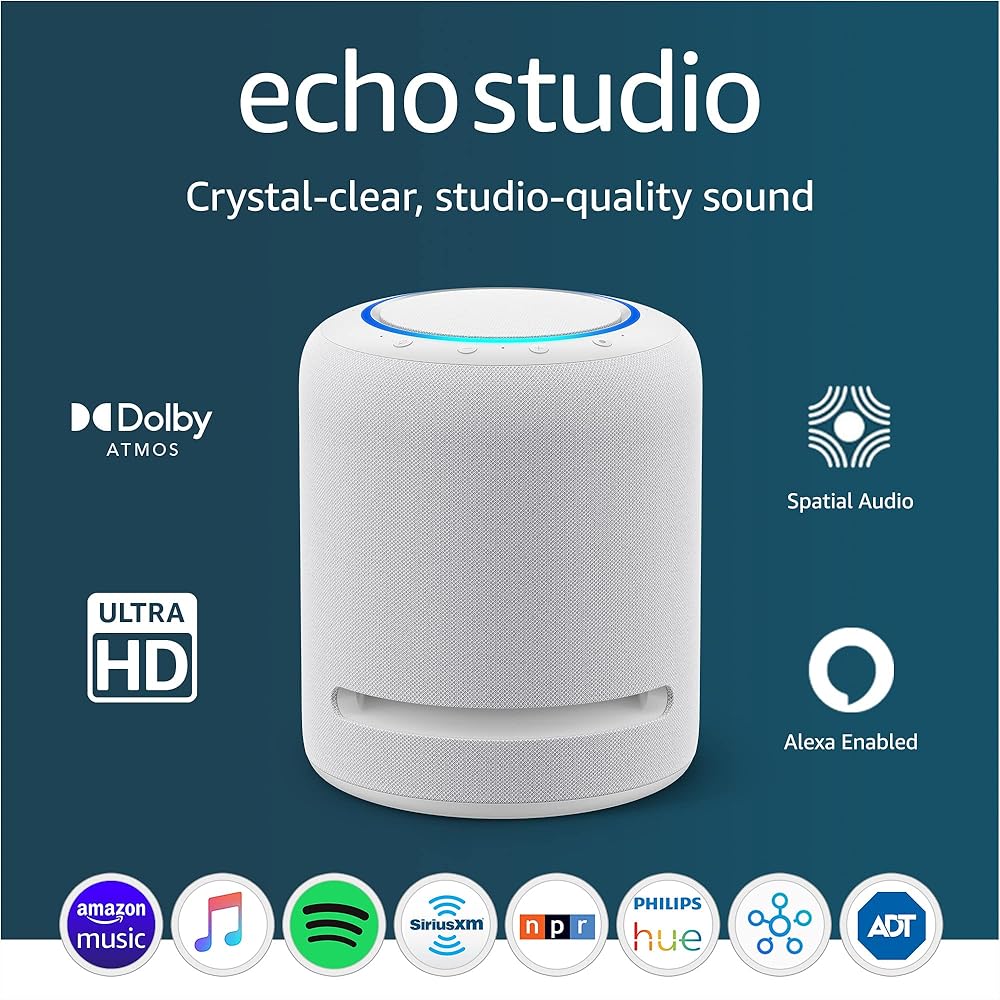 Amazon Echo Studio | Our best-sounding smart speaker ever - With Dolby Atmos, spatial audio processing technology, and Alexa | Glacier White