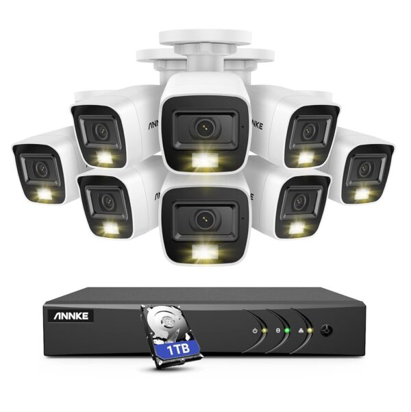 ANNKE Home Wired Camera Security System with Audio, 8CH 3K Lite H.265+ AI DVR with 1 TB Hard Drive and 8 X 1080P IP67 Weatherproof Cameras with Dual Light, Human/Vehicle...