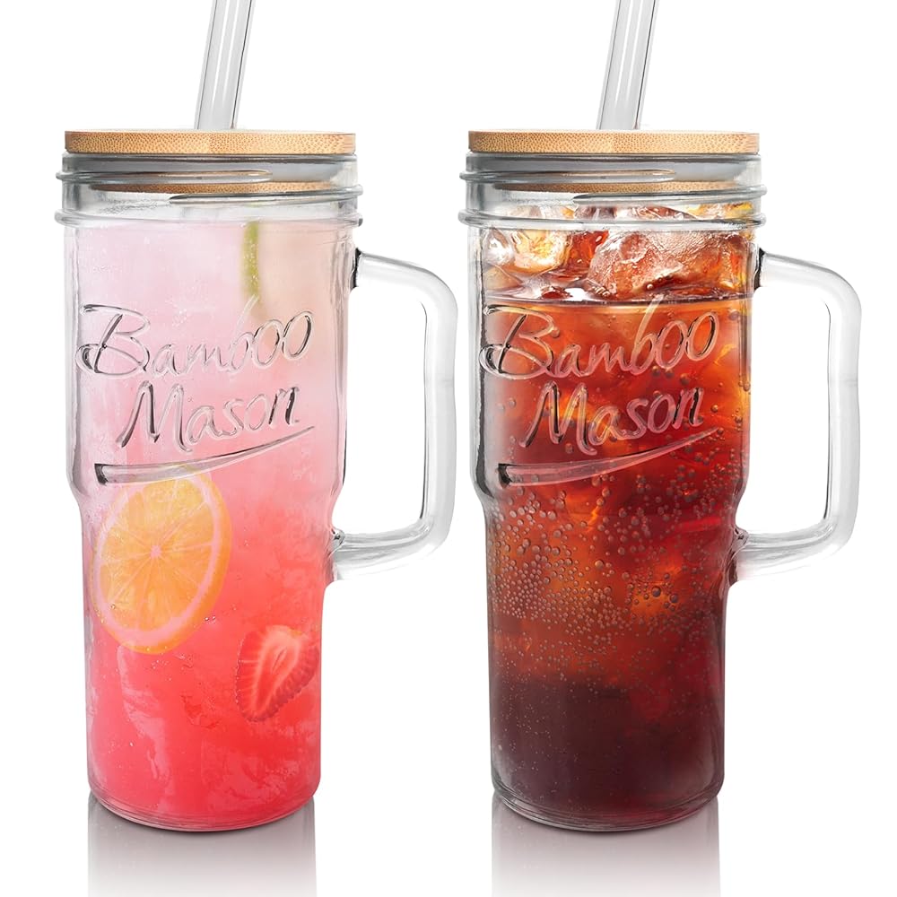 ANOTION Glass Cups with Lids and Straws - 24oz Tumbler with Handle Coffee Cups Glass Straws Glasses Mason Jar Cups Drinking Set Kitchen Essentials Coffee Bar Accessories House...