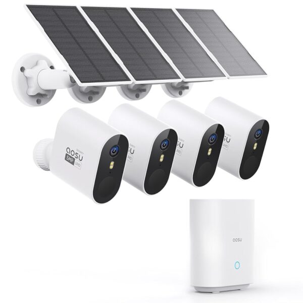 AOSU 5MP Solar Security Cameras Outdoor Wireless, Ultra HD Video Home Security System 4-Cam Kit with 166° Ultra Wide Angle, Cam-to-Cam Sync, Color Night Vision, Spotlight &...