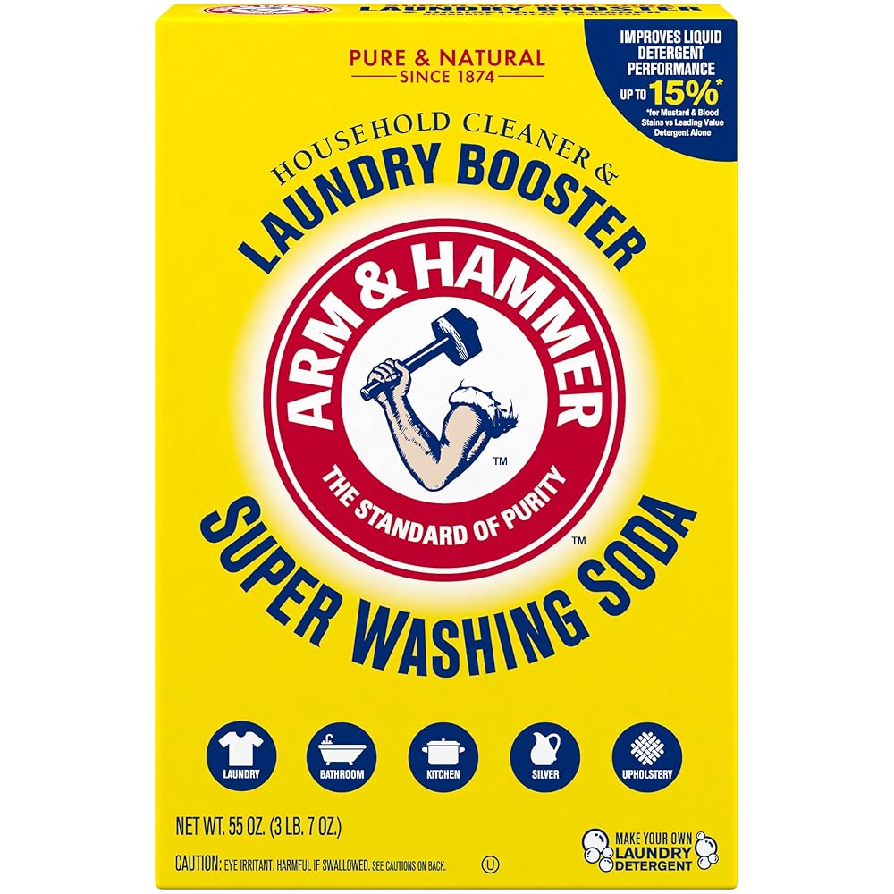 ARM & HAMMER Super Washing Soda Household Cleaner and Laundry Booster, Versatile Natural Home Cleaner, Powder Laundry Additive and Cleaner, 55 oz Box