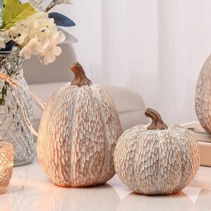 Artificial Pumpkin Decor, Brown and White Decorative Pumpkins, Thanksgiving Resin Pumpkin Figurine Set of 2, Carved Pumpkin Statues for Rustic Fall Tabletop Home Decor, Harvest,...