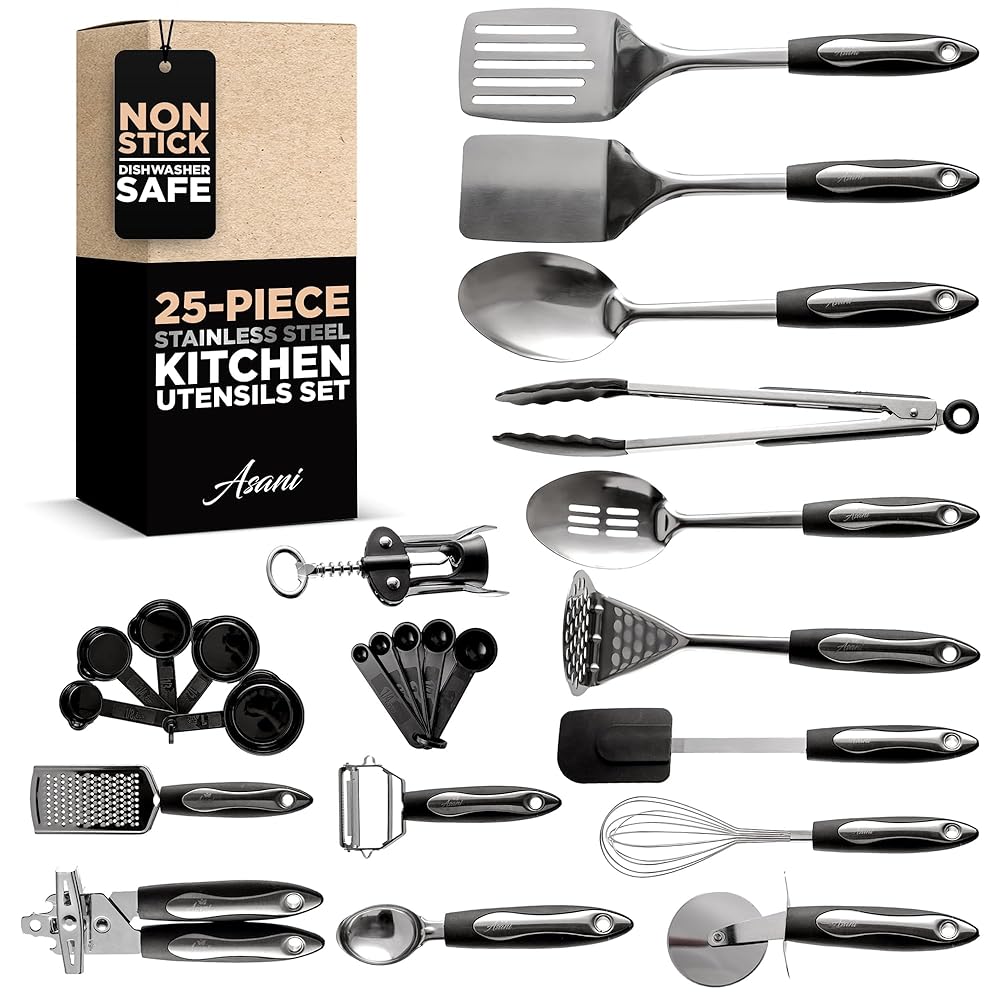 Asani 25-Piece Stainless Steel Kitchen Utensil Set | Non-Stick Cooking Gadgets and Tools Kit | Durable Dishwasher-Safe Cookware Set | Kitchenware Gift Idea, Best New Apartment...