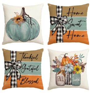 AVOIN colorlife Fall Pumpkin Home Sweet Home Throw Pillow Covers, 18 x 18 Inch Autumn Thankful Grateful Blessed Harvest Floral Decorations for Sofa Couch Set of 4