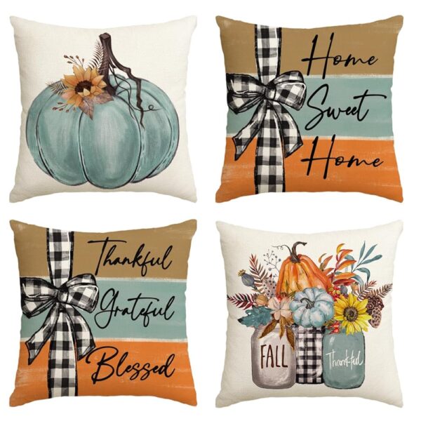 AVOIN colorlife Fall Pumpkin Home Sweet Home Throw Pillow Covers, 18 x 18 Inch Autumn Thankful Grateful Blessed Harvest Floral Decorations for Sofa Couch Set of 4