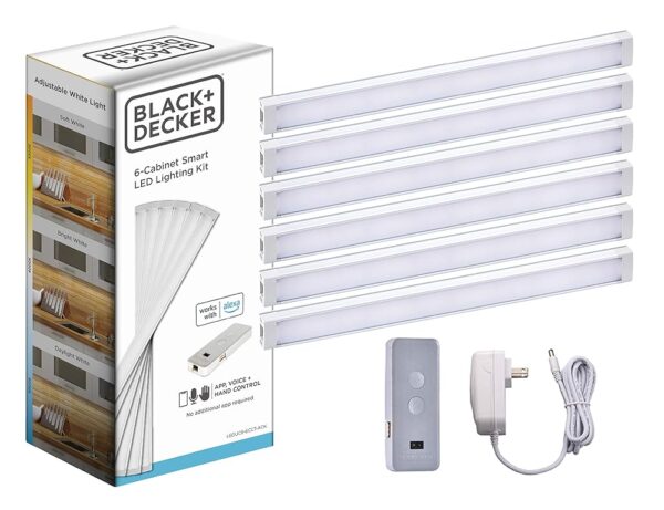 BLACK+DECKER Works with Alexa Smart Under Cabinet Lighting Kit, Adjustable LEDs, (6) 9" Bars, White