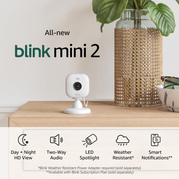 Blink Mini 2 — Plug-in smart security camera, HD night view in color, built-in spotlight, two-way audio, motion detection, Works with Alexa (White)