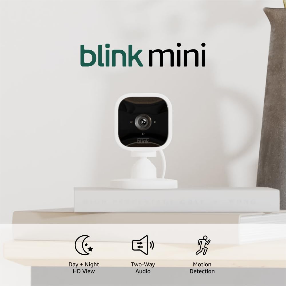 Blink Mini – Compact indoor plug-in smart security camera, 1080p HD video, night vision, motion detection, two-way audio, easy set up, Works with Alexa – 2 cameras (White)