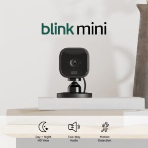 Blink Mini – Compact indoor plug-in smart security camera, 1080p HD video, night vision, motion detection, two-way audio, easy set up, Works with Alexa – 2 cameras (Black)