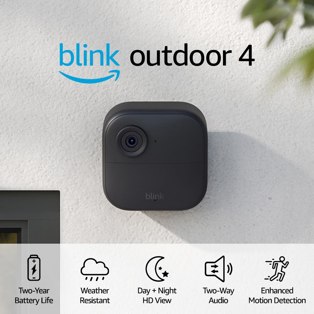 Blink Outdoor 4 (4th Gen) + Blink Mini – Smart security camera, two-way talk, HD live view, motion detection, set up in minutes, Works with Alexa – 5 camera system + Mini (White)