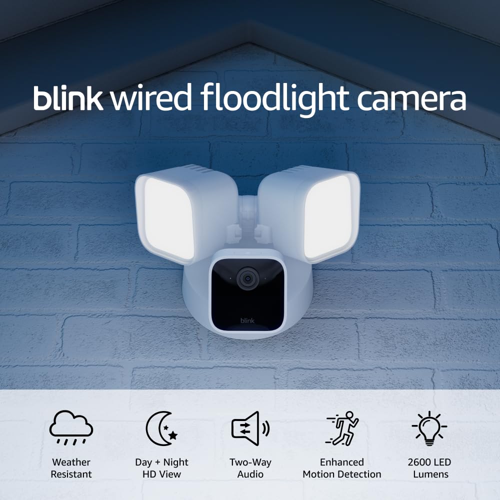 Blink Wired Floodlight Camera – Smart security camera, 2600 lumens, HD live view, enhanced motion detection, built-in siren, Works with Alexa – 1 camera (White)