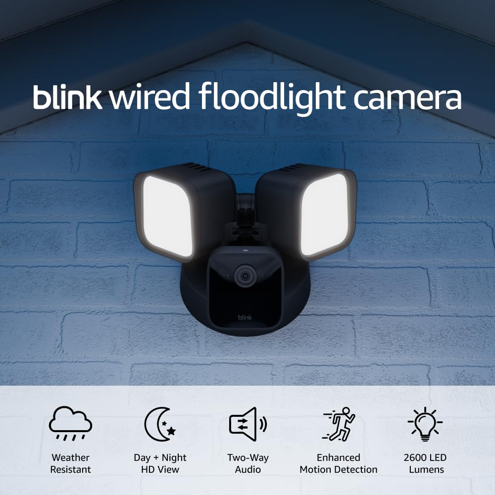 Blink Wired Floodlight Camera – Smart security camera, 2600 lumens, HD live view, enhanced motion detection, built-in siren, Works with Alexa – 1 camera (Black)