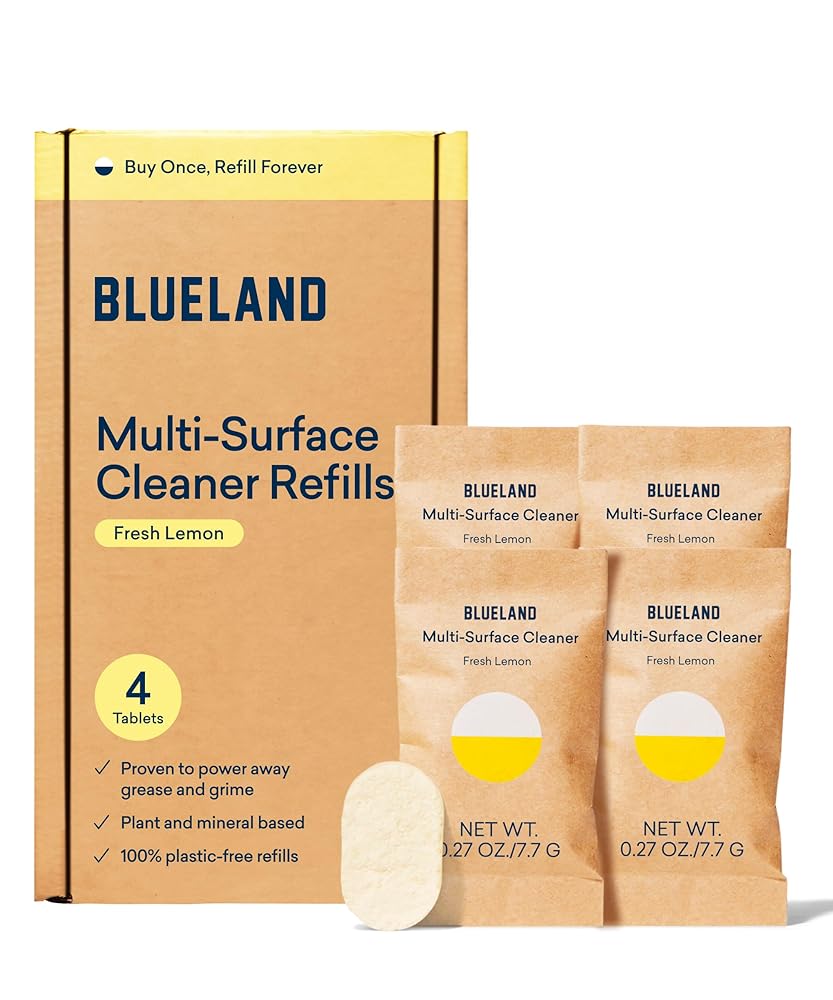 BLUELAND Multi-surface All Purpose Cleaner | Refill Tablet 4 Pack | Eco Friendly Product & Cleaning Supplies - Fresh Lemon Scent | Makes 4 x 24 Fl oz bottles (96 Fl oz total)