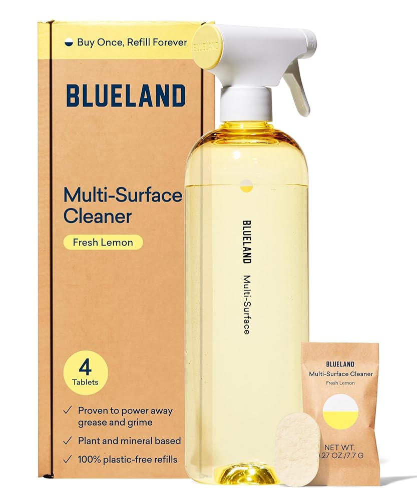 BLUELAND Multi-surface All Purpose Cleaner | Spray Bottle with 4 Refill Tablets | Eco Friendly Products & Cleaning Supplies - Fresh Lemon Scent | Makes 4 x 24 Fl oz Bottles (96...